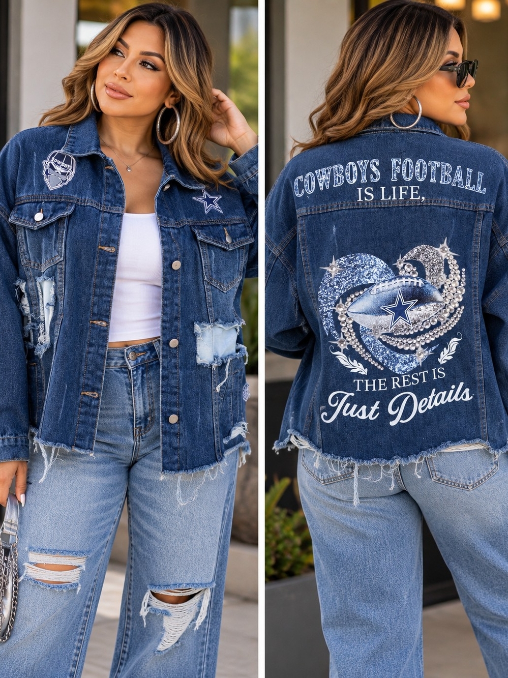 Cowboys Denim Jacket with Embroidered Back - Dark Blue